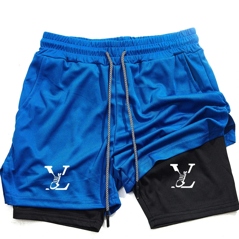 شورت رياضي 2 في 1 بطبقة مزدوجة مطبوع على الموضة للرجال للياقة البدنية والجري والتدريب، شورت سريع الجفاف وجيد التهوية