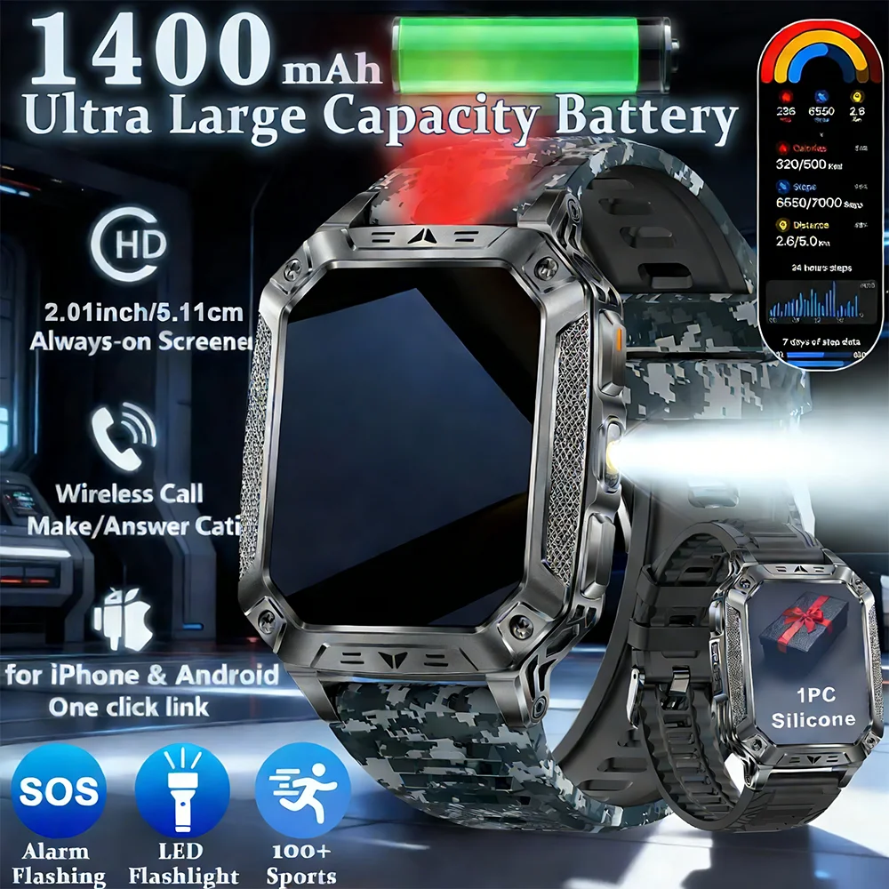 

2026 New Military 1400mAh Long Battery Llife Battery Smart Watch IP68 Waterproof Tactical Sports SOS & Flashlight Men Smartwatch