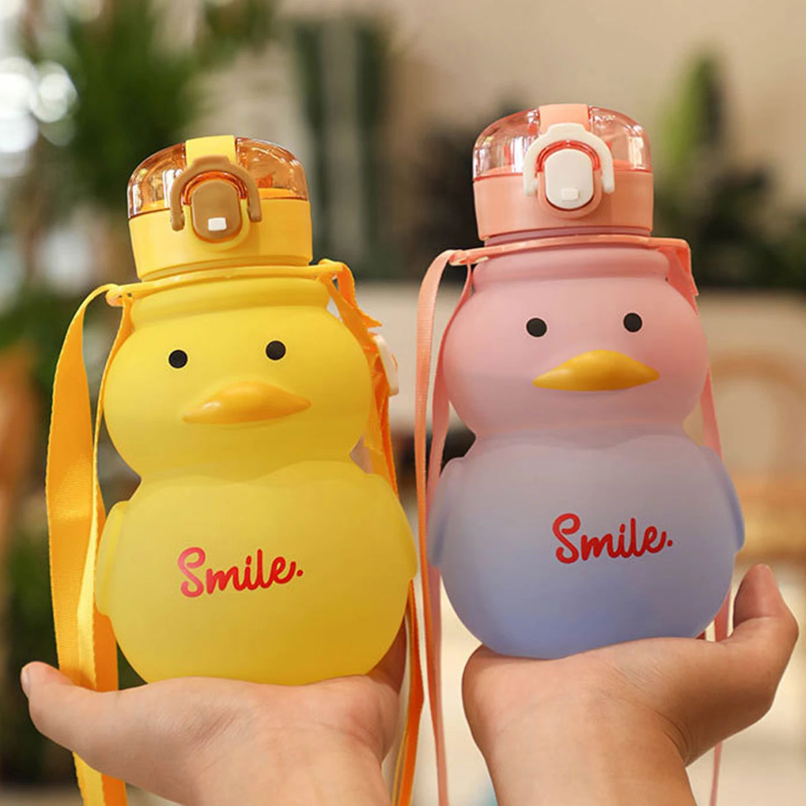 650ml Kawaii Duck Water Bottle Leak-proof Portable Straw Kettle with Adjustable Strap Travel Drinking Bottle Holiday Gifts