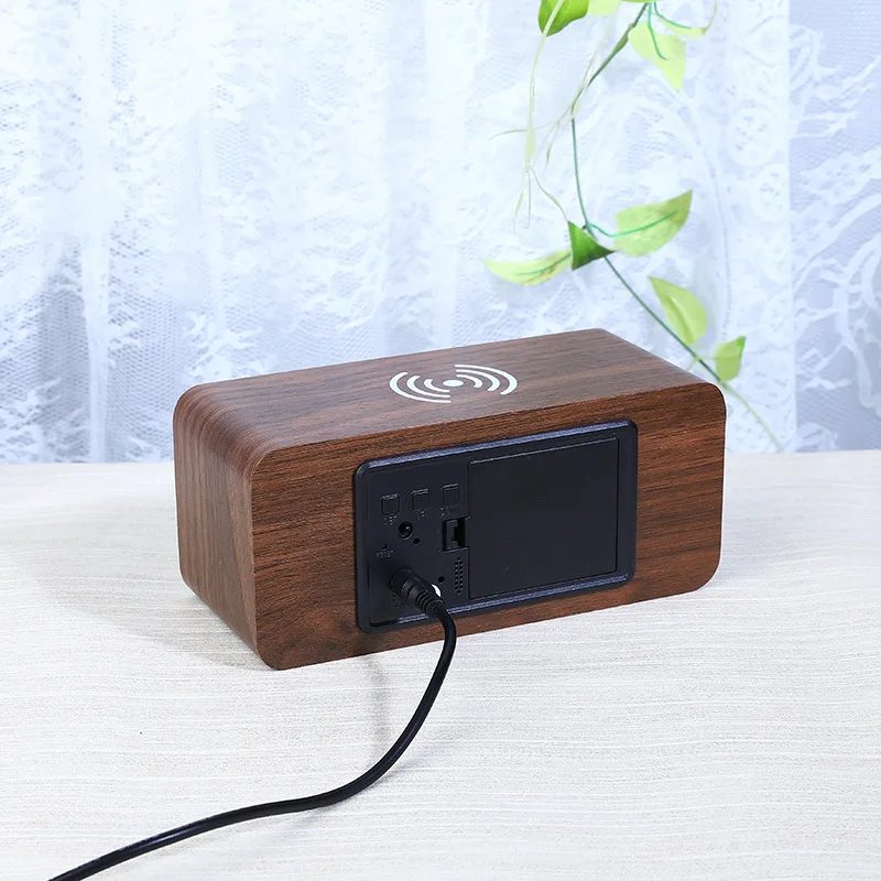 Desk Digital Wooden Alarm Clock  Smartphone Wireless Charger  Table Bedroom Desk LED Display Thermometer Humidity Clock