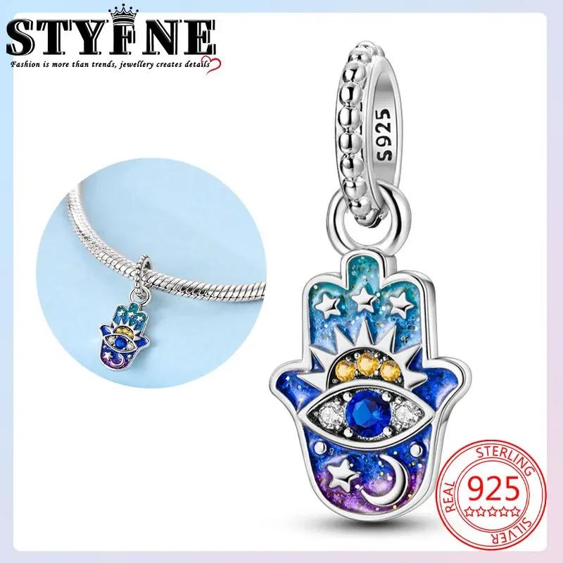 Symbols 2025 Beads 925 Sterling Silver Sun, Moon and Stars Blue and Purple Palm Eyes Fits DIY Charm Bracelet for Jewelry Making