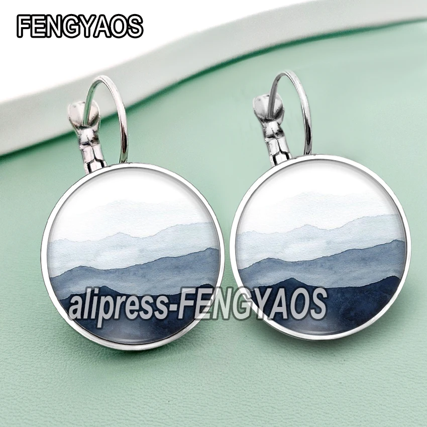 Mountain and River Stud Earring for Women Fashion Natural Scenery Glass Cabochon Hook Earrings