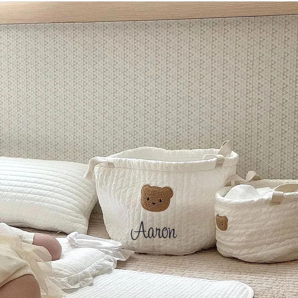 

Cute Bear Storage Embroidered Name Baby Storage Basket Custom Newborn Diaper Sorting Basket Personalized Name Little Kids Basket