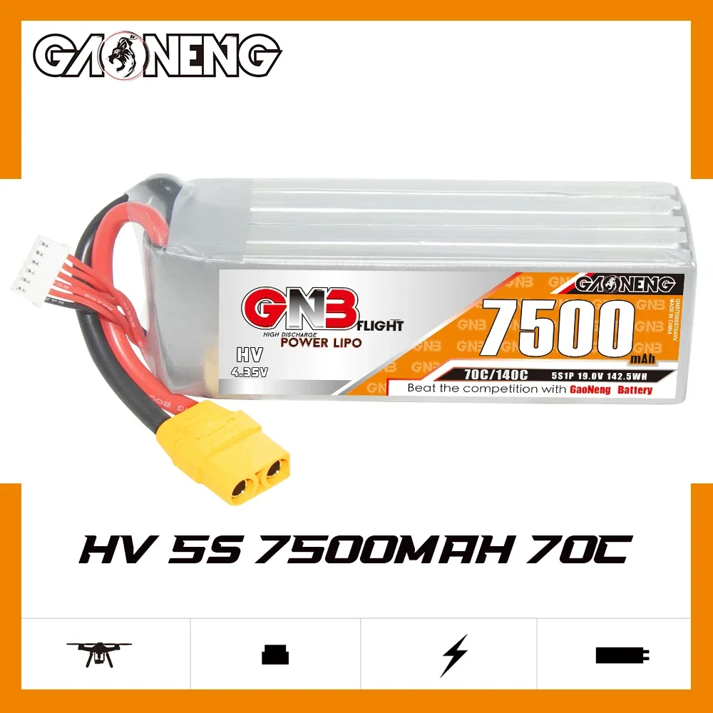 GAONENG GNB 7500mAh HV 5S 70C 140C 19V XT90 LiPo Battery Size 700mm to 800mm Helicopters RC Airplane MultiCopter