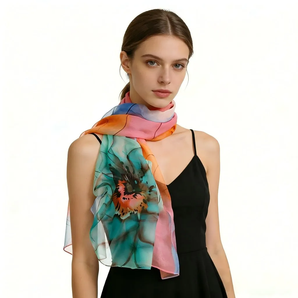 Spider Lily Print Chiffon Scarf 160x50cm - Elegant Floral Georgette Shawl for Women, Lightweight Summer Sun Protection & Beach
