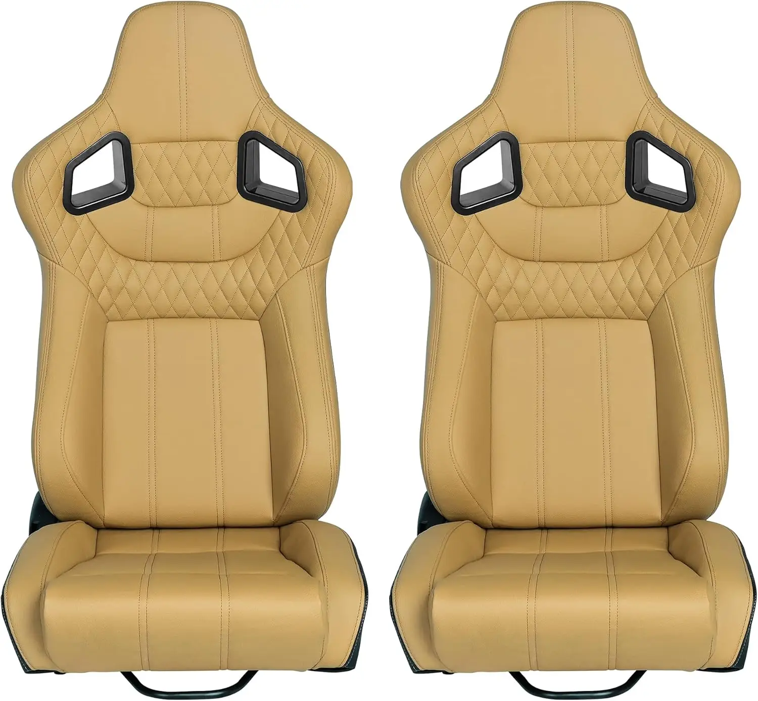 Racing Seats, Updated Pair of PVC Leather Racing Bucket Seats with Dual Sliders, Beige with Beige Stitching