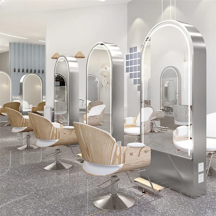 

Keeson Luxury High Quality Hair Salon Furniture Set Haircut Styling Makeup Floor Golden Mirror Station For Sale Barber Shop Hot