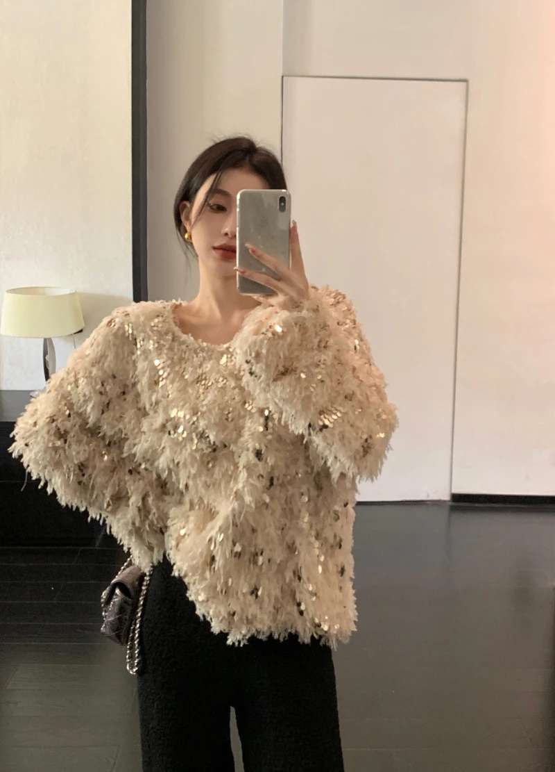 2024 New Year Female Clothes Beautiful Sequined Sweater Long Sleeve O-neck Fashion Women\'s Tassel Pullovers Sweet Lady Jackets