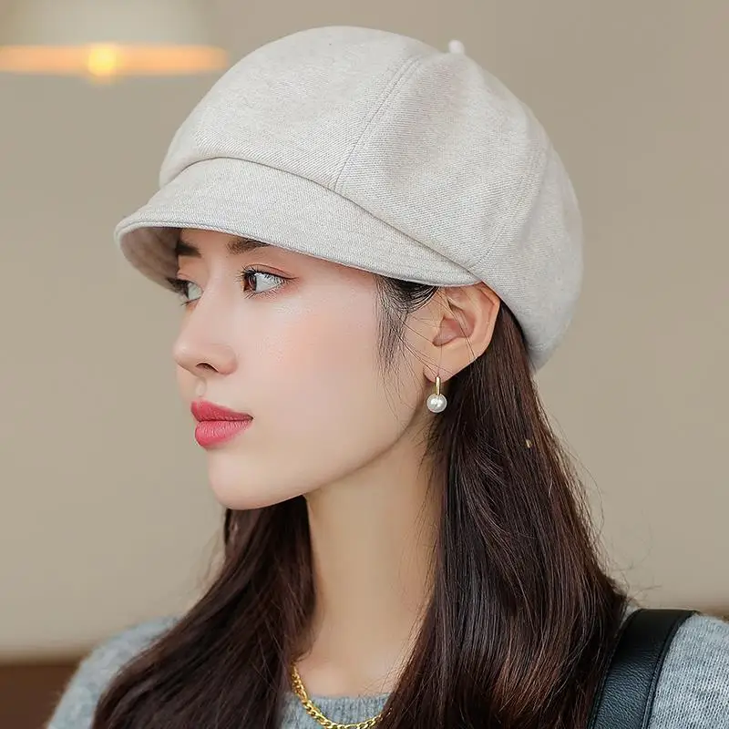 Solid color octagon woman autumn and winter beret Korean version of everything British retro hat woman