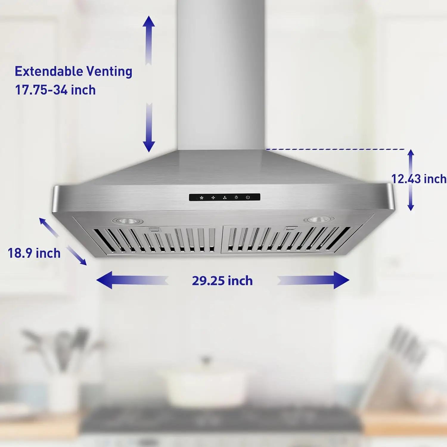 30 Inches 800 Stainless Steel European Style Wall Mount Range Hood With  Lights Touch Screen Round Front Edges