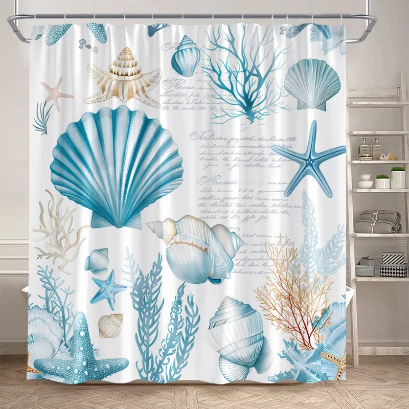 Nautical Ocean Shower Curtains Blue Shell Conch Seaweed Starfish Bath Curtain Set Polyester Fabric Bathroom Decor with Hooks