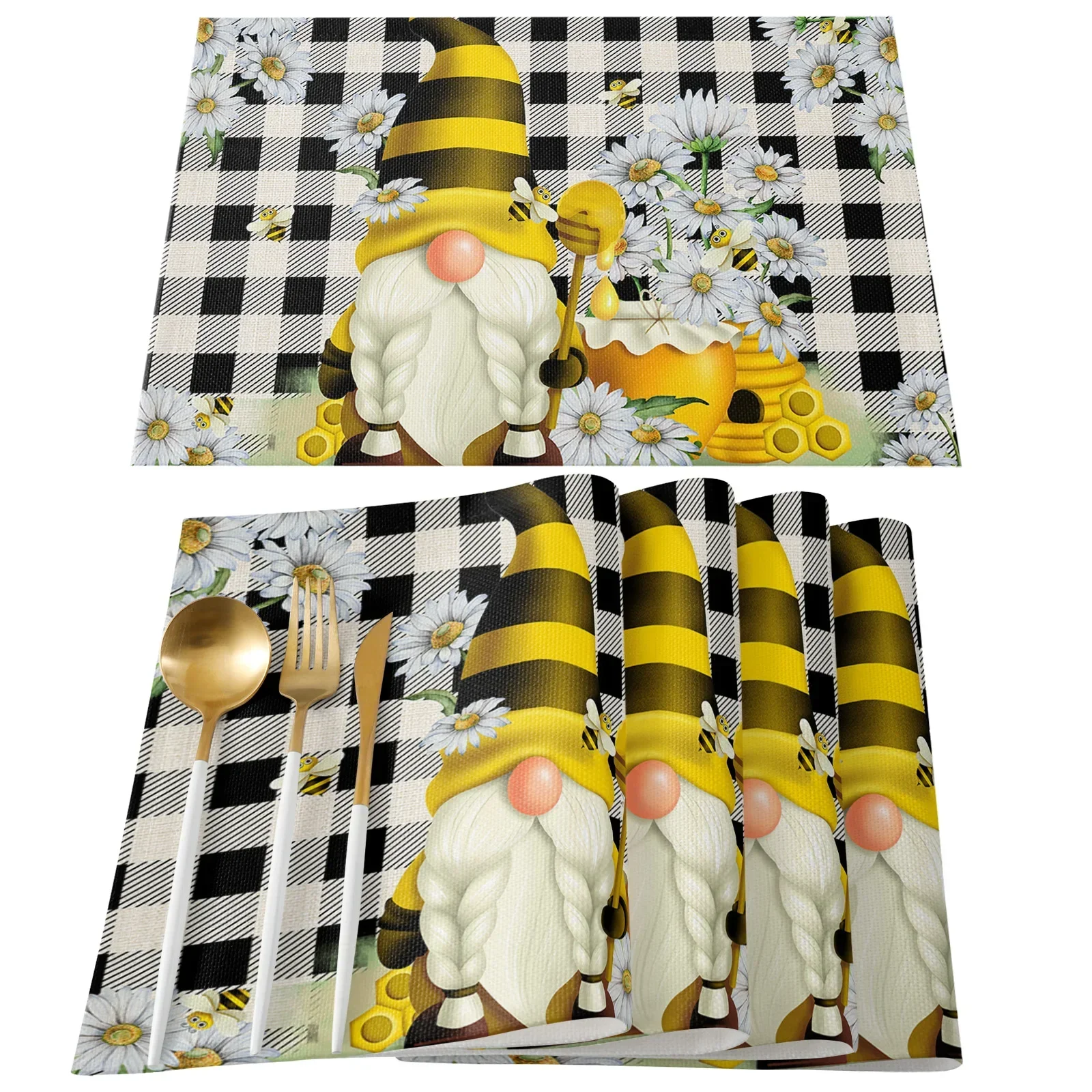 Placemats Pastoral Spring Bee Daisy Gnome Table Mats Cotton Linen Kitchen Accessories Home Decorative Coaster