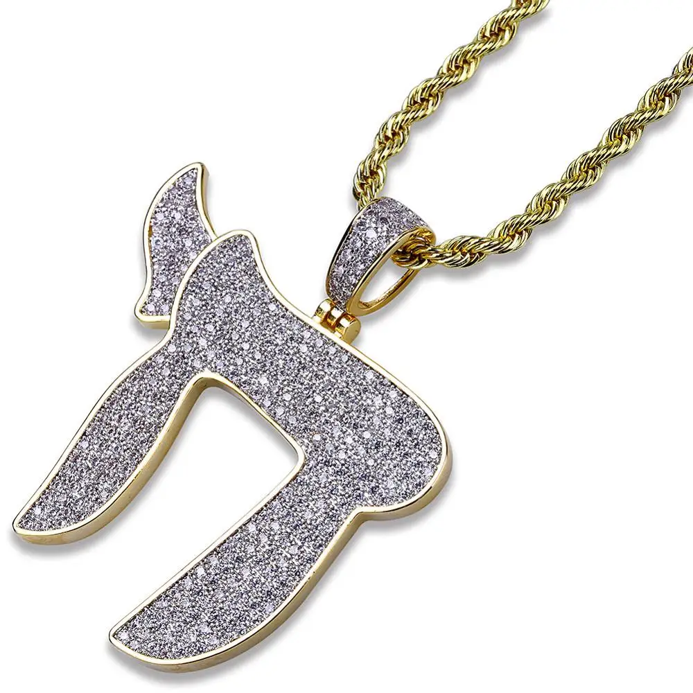 Micro Paved AAA+ Cubic Zirconia Bling Iced Out Hebrew Chai Pendants Necklace for Men Women Hip Hop Rapper Jewelry