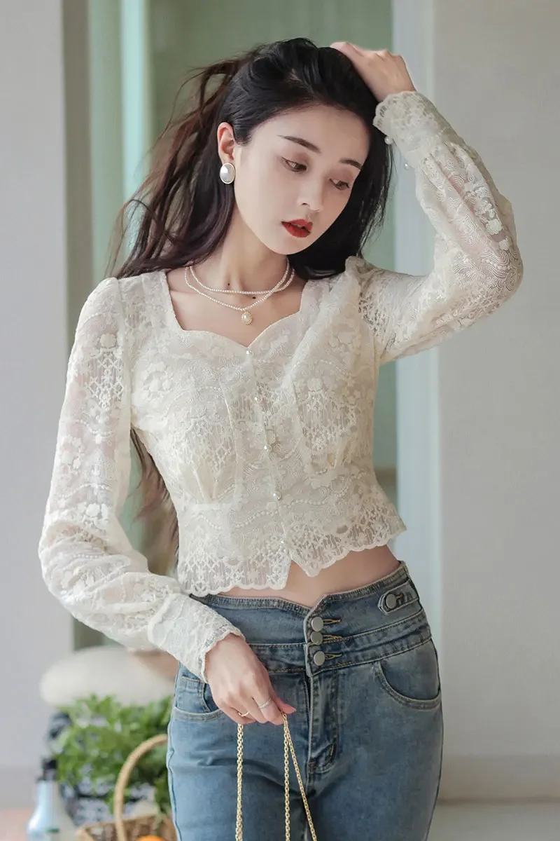 2023 Spring Fall Women Vintage Lantern Full Sleeve Beige Lace Top Blouse , Woman Clothes Pears Button Tops Shirt Blouses