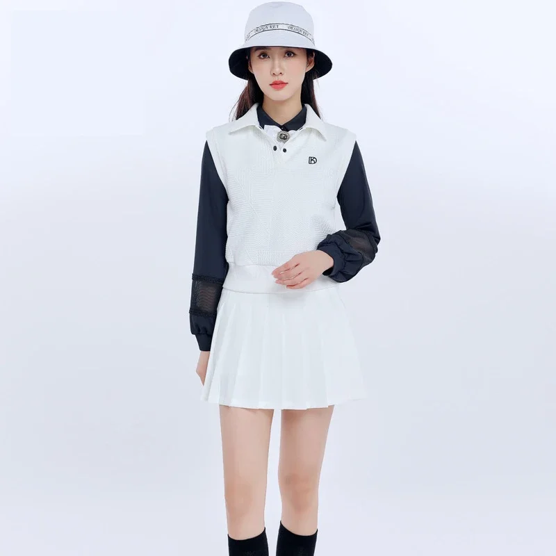 Golf Wear 2024 Winter New Sweater Vest White Pleated Skirt Black Mesh Through Top Shirt Tennis Badminton Clothes High-Quality