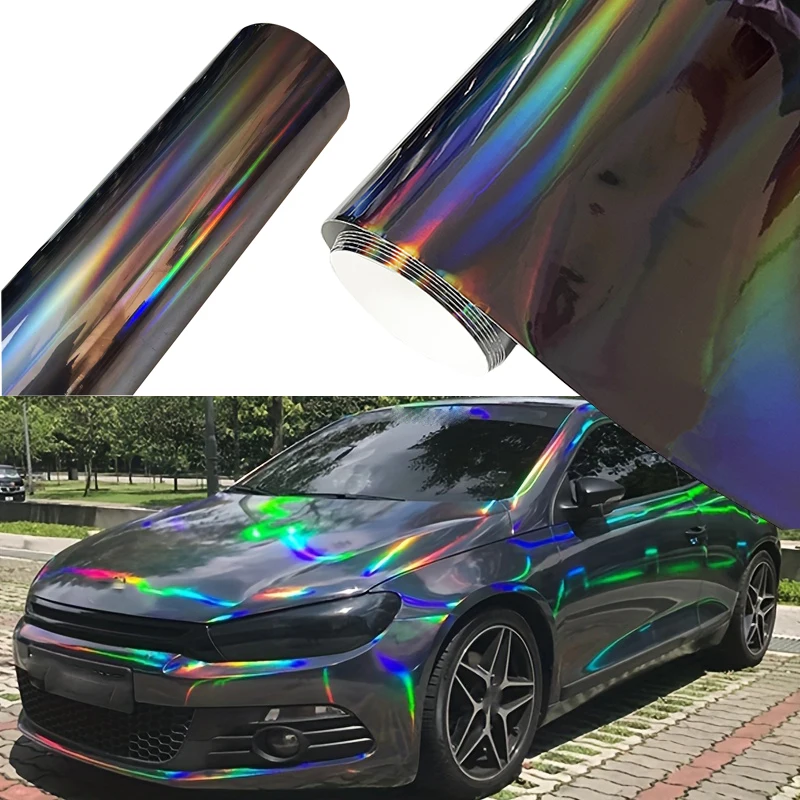 Glänzende holografische, laserchromierte schwarze Vinylfolie mit Luftfreisetzung, selbstklebend, DIY-Dekoration für Auto, Motorrad, Fahrrad