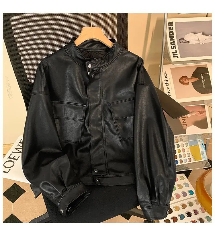 Motorcycle Leather Jacket Ladies 2026 Spring Autumn New Fashion PU Leather Coat Women Short Outcoat Stand Collar Casual Overcoat