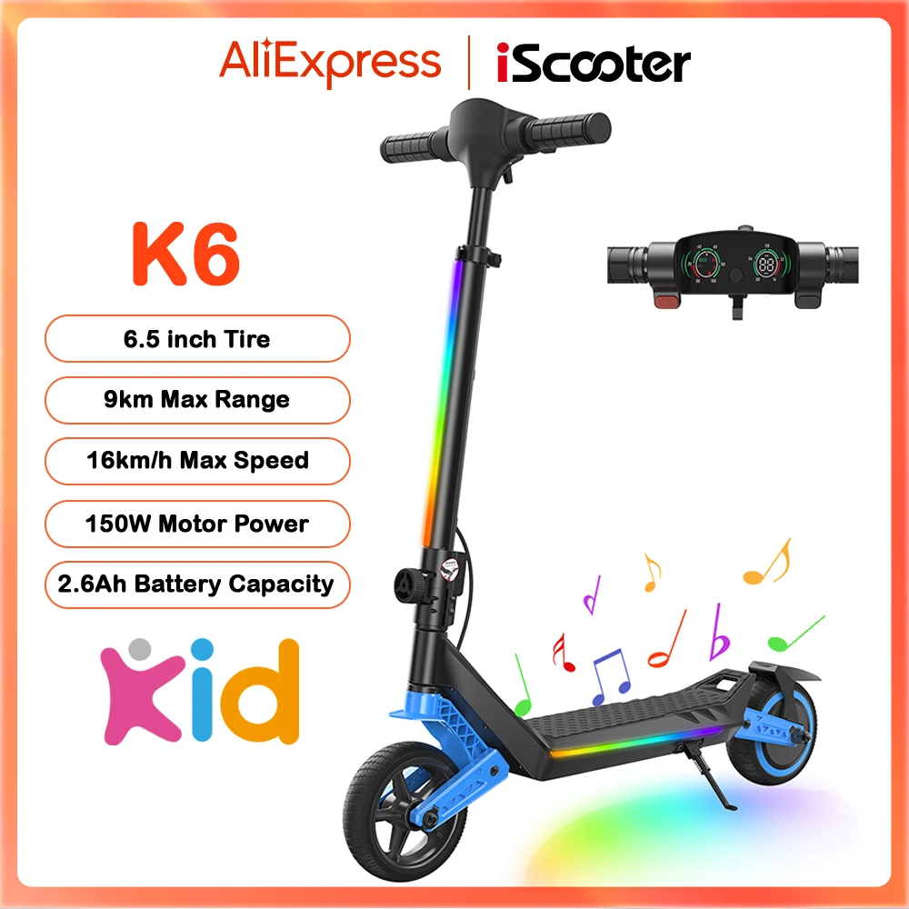 Trottinette électrique pour enfants K6 6,5'' Moteur 150W Batterie 21,6V2,6Ah Autonomie 7-9km 3 vitesses Bluetooth Lumières LED Trottinettes électriques pliables