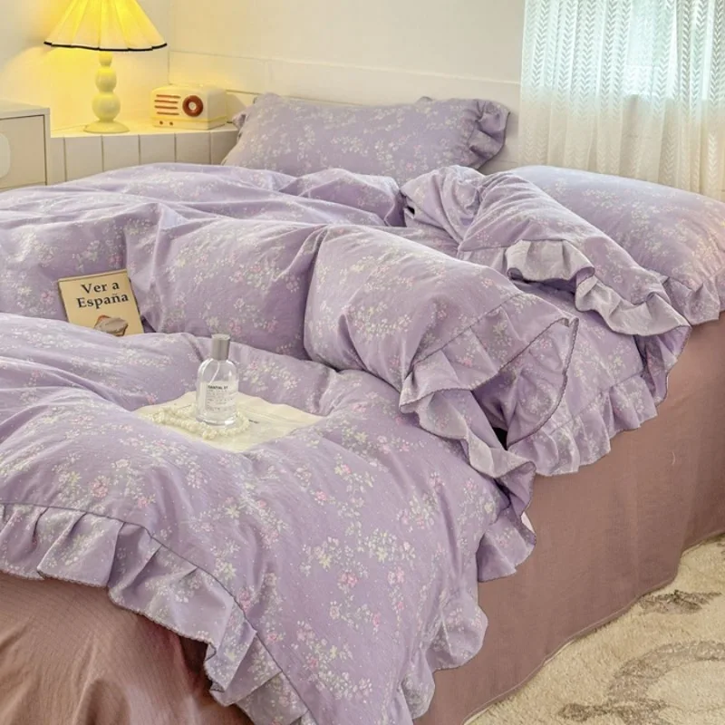 New Gentle floral aerobic knitted cotton bed sheet with lace double layered yarn duvet cover washed cotton bed sheet 3 piece set