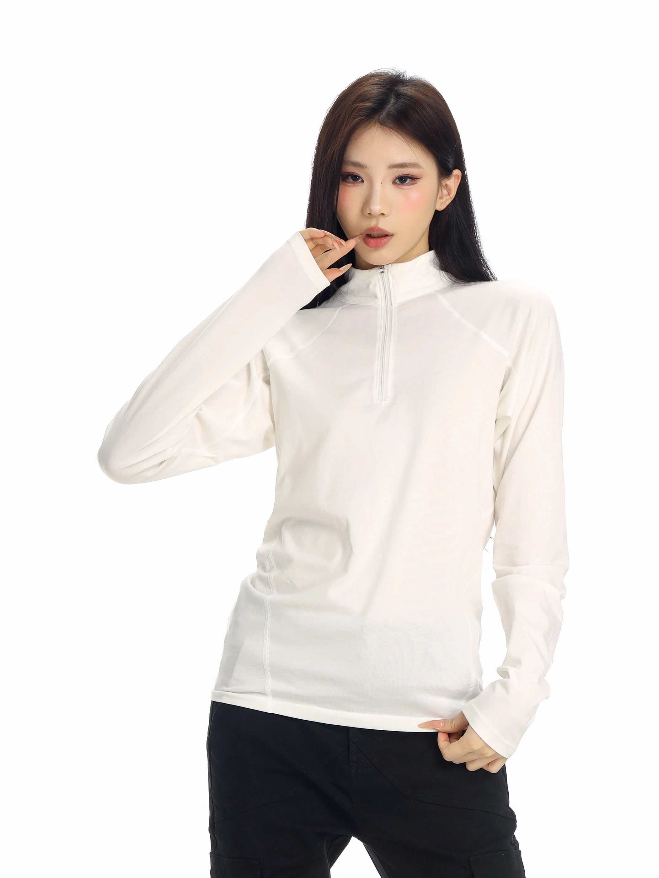 

Casual Loose Long Sve T-irt Women's Outdoor Base irt f Zip Warm Breathable Cotton Polyester Blend Winter Faion