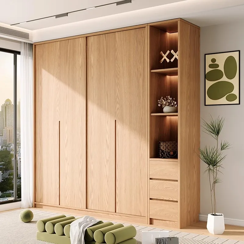 

All solid wood oak sliding door wardrobe home bedroom log style modern simple wardrobe master bedroom wardrobe customization