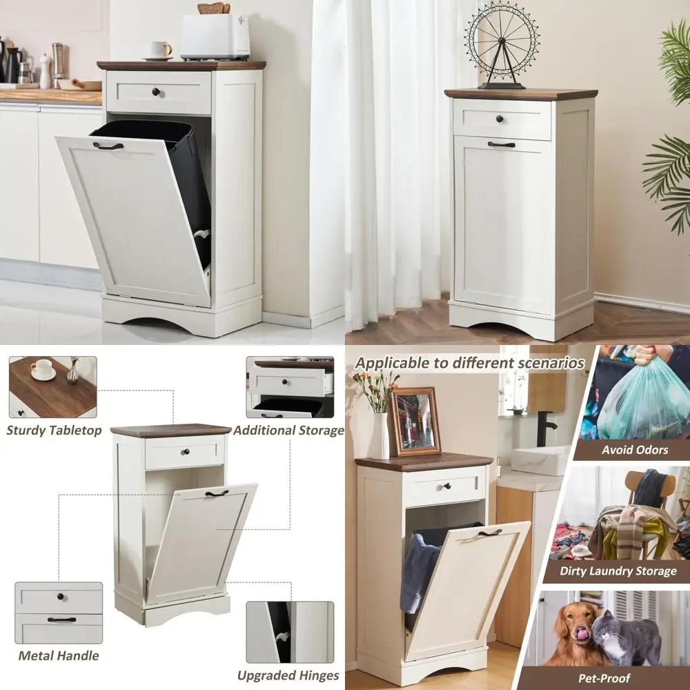 

Freestanding Wood Kitchen Trash Bin Cabinet with Tilt-Out and Hideaway Drawer for Pet-Proof Garbage and Recycling Storage
