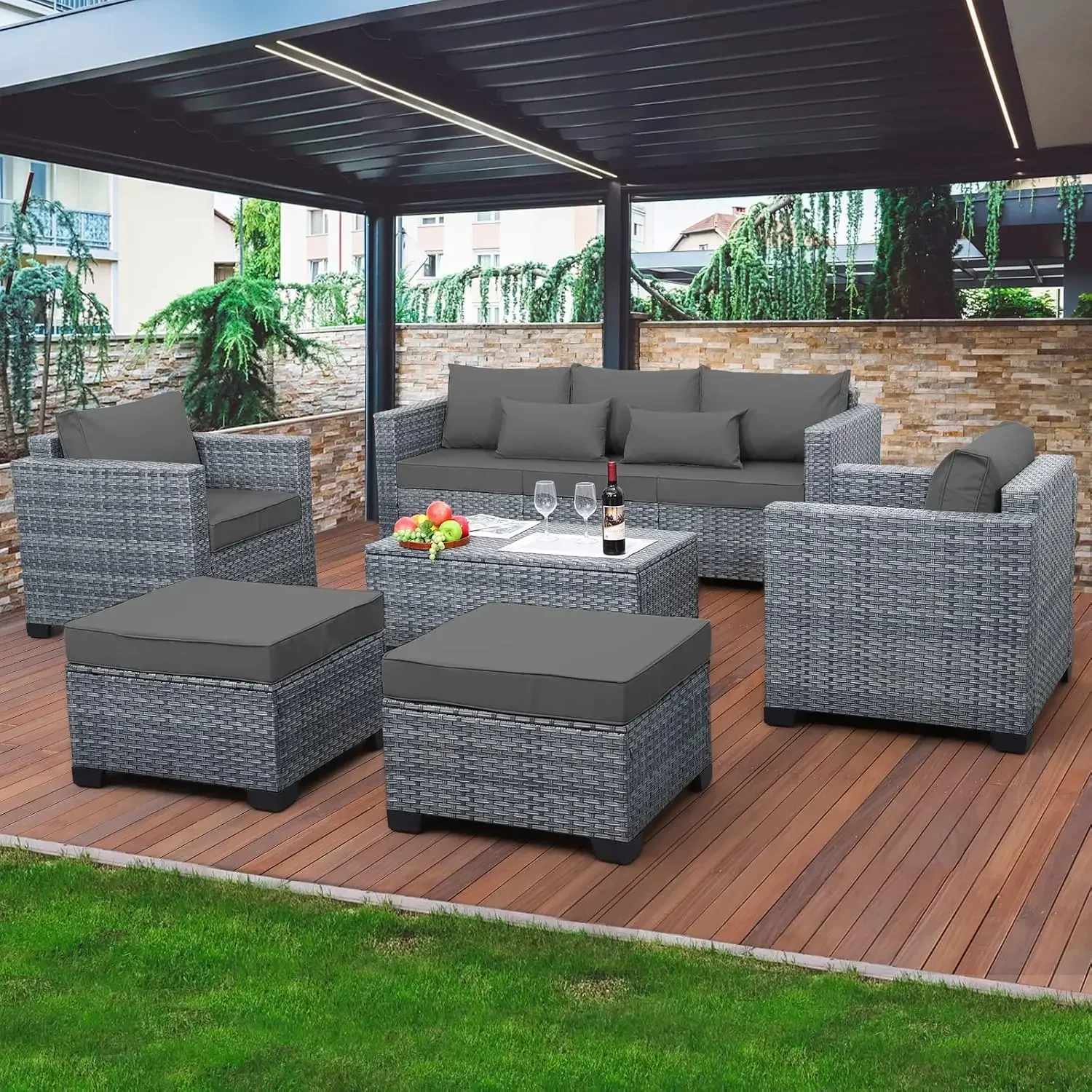 6 Pieces Wicker Patio Furniture Sets Outdoor Conversation Set PE Rattan Sectional Sofa Couch Storage Table and Grey Cushions