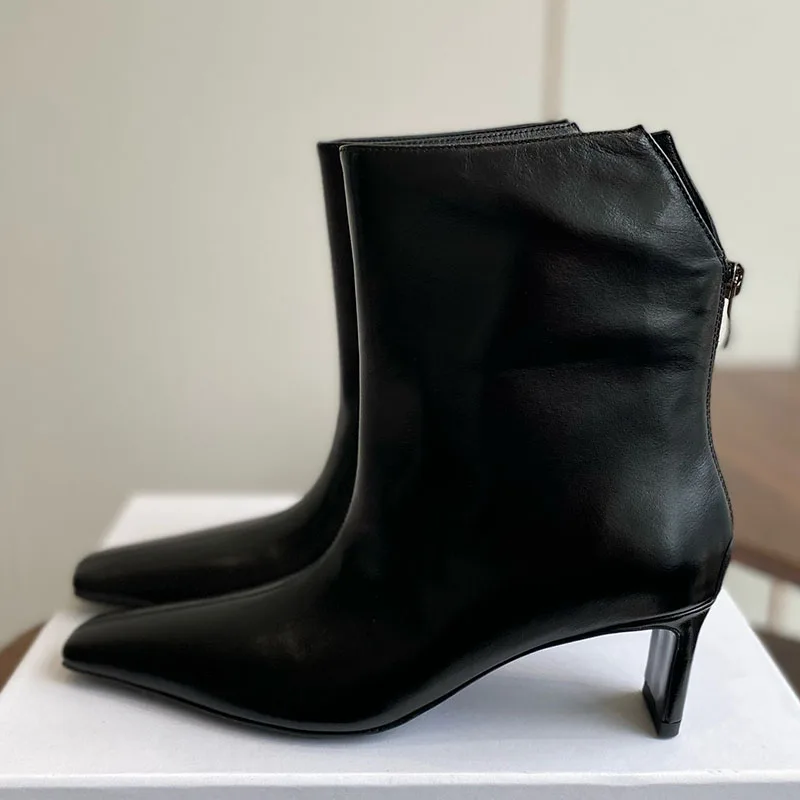 New Square Toe Kitten Heels Short Boots Women's Genuine Leather Rear Zipper Ankle Botas Spring Autumn Versatile Modern Boots