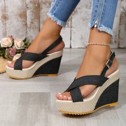 Wedge Sandals for Women's Open Toe Broadband Denim Crossover Platform Ankle Buckle High Heels Shoes  Sandalias De Mujer