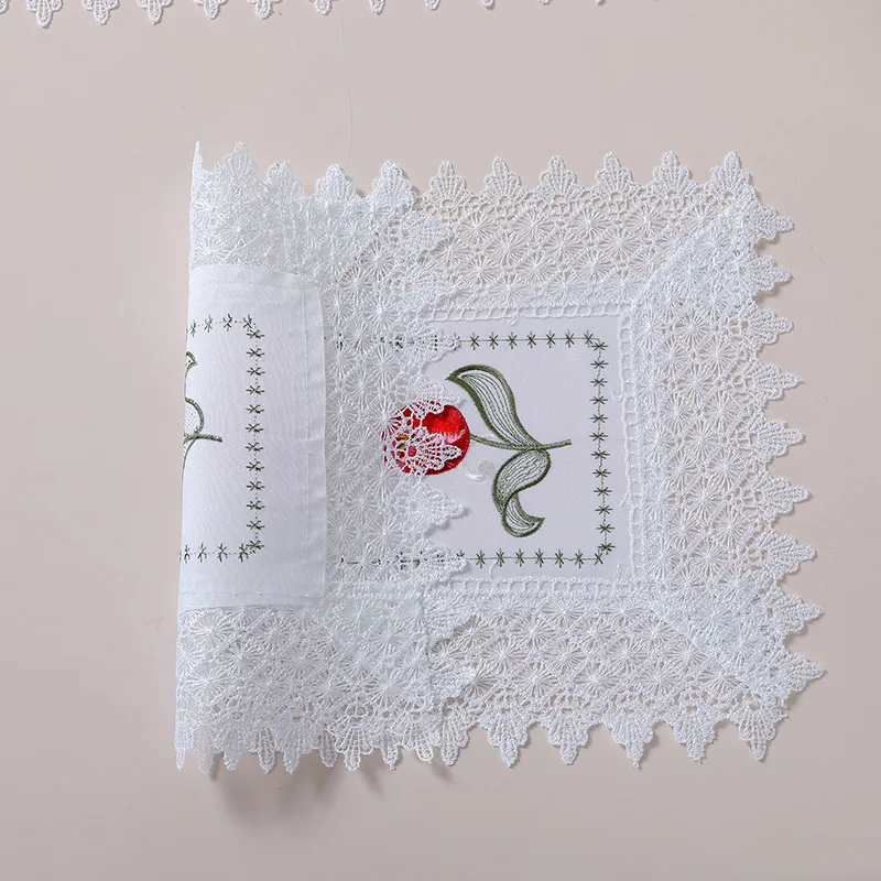 4pcs Elegant Lace Placemats With Red Tulip Floral Embroidery Perfect Mother's Day Gift For Dining Table Home Decor Table Cover