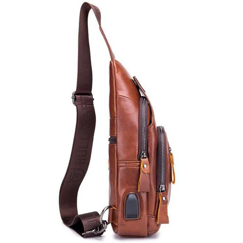 BULLCAPTAIN men\'s USB chest bag  Messenger bag for Men Messenger bag leather shoulder bag diagonal package new travel backp