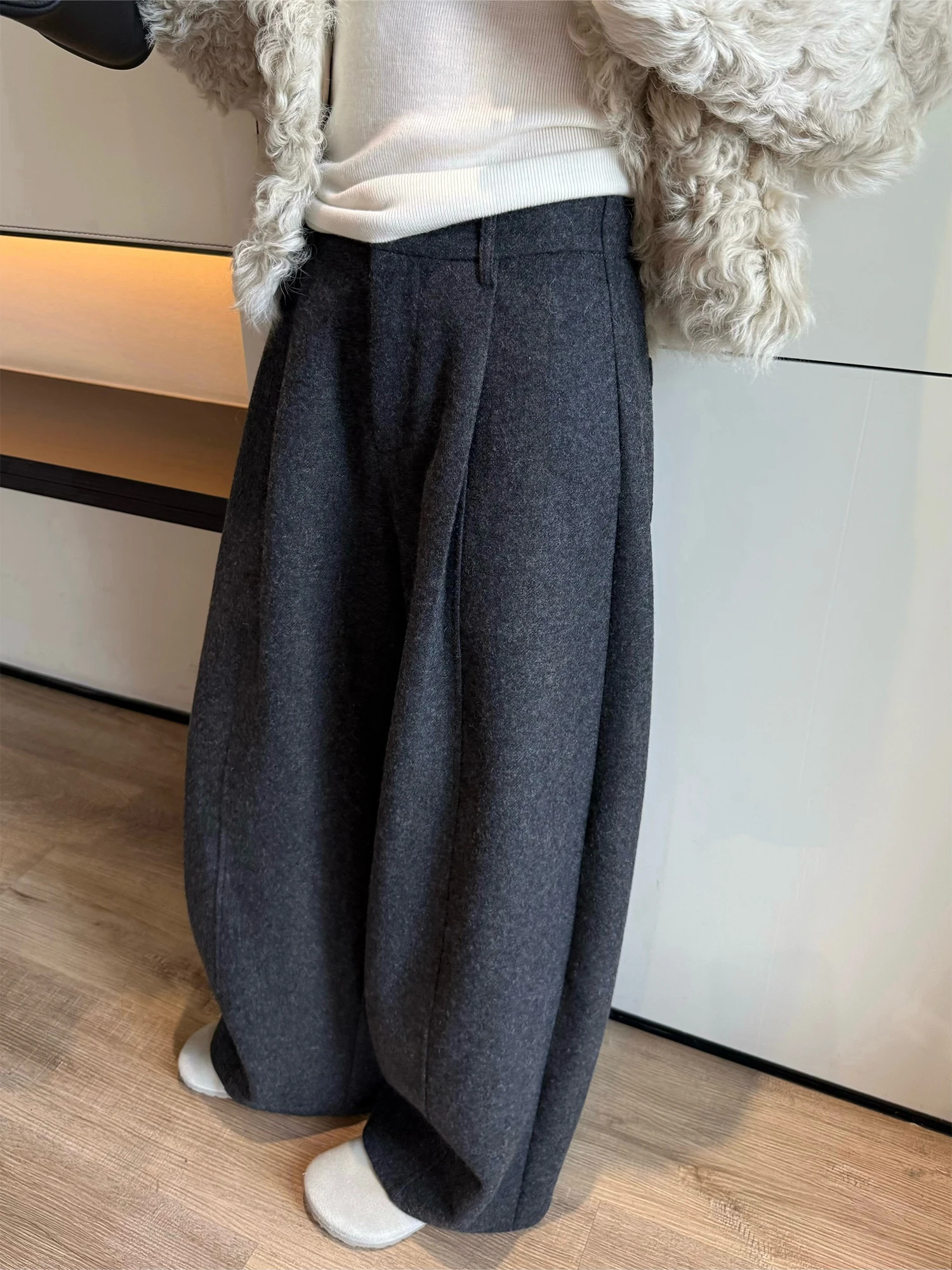 

Awencoat Women's Woolen Casual Pants Long Fce Lined Suit Sle Autumn Winter Straight Cut Loose Fit Faion l Waist