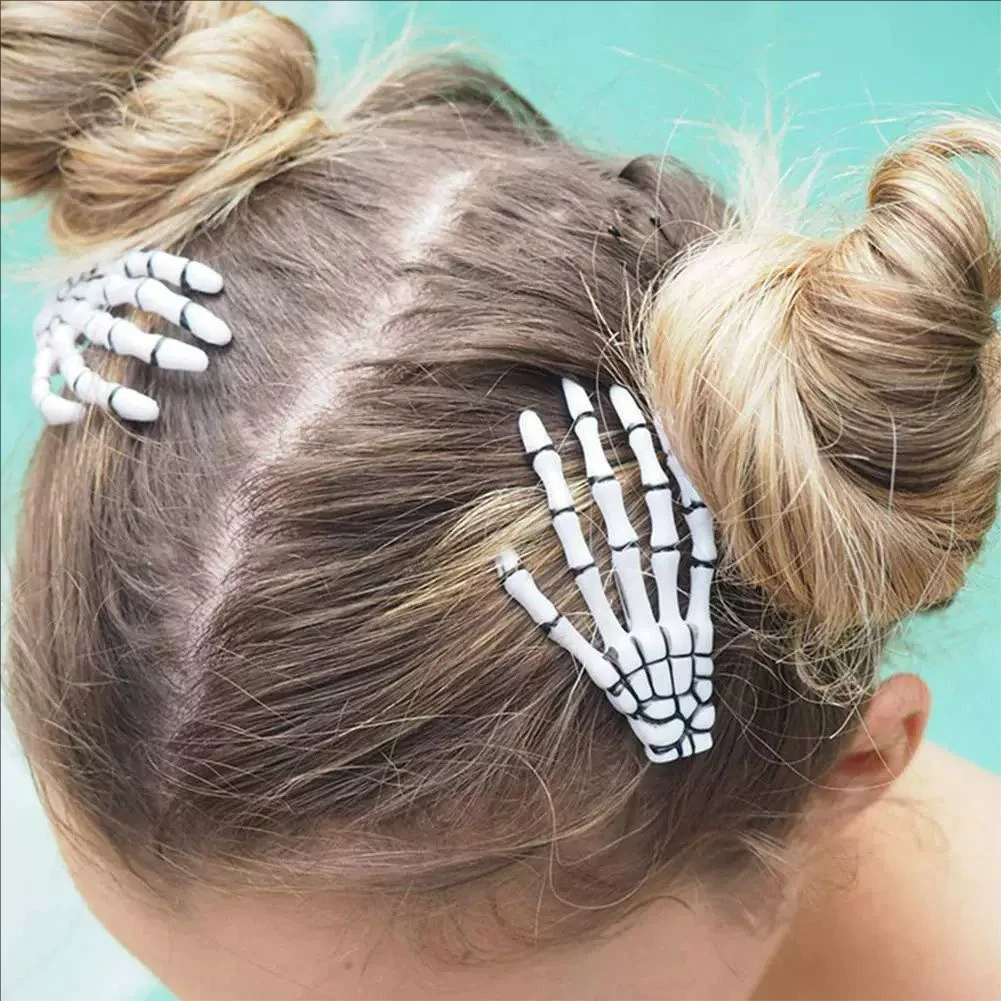 2pcs Luminous Transparent Hand Bone Hair Clip Halloween Funny Cosplay Hairpin Horror Party Costume Decor Hair Accessory Prop
