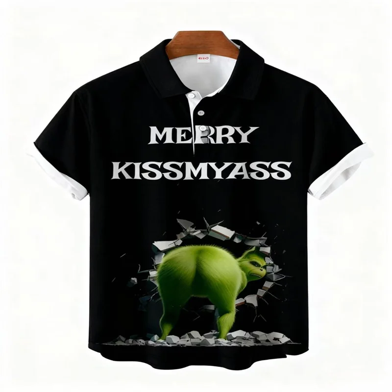 2025Merry Kissmyass Fun Christmas Green قميص قصير الأكمام مطبوع قميص بولو عصري ومريح