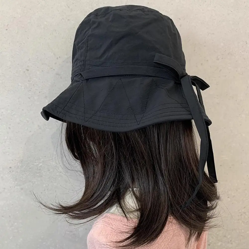 Summer Bucklet Hat Curled Hem Dome Top Lace-up Strap Sun Protection Anti-UV Outdoor Cap