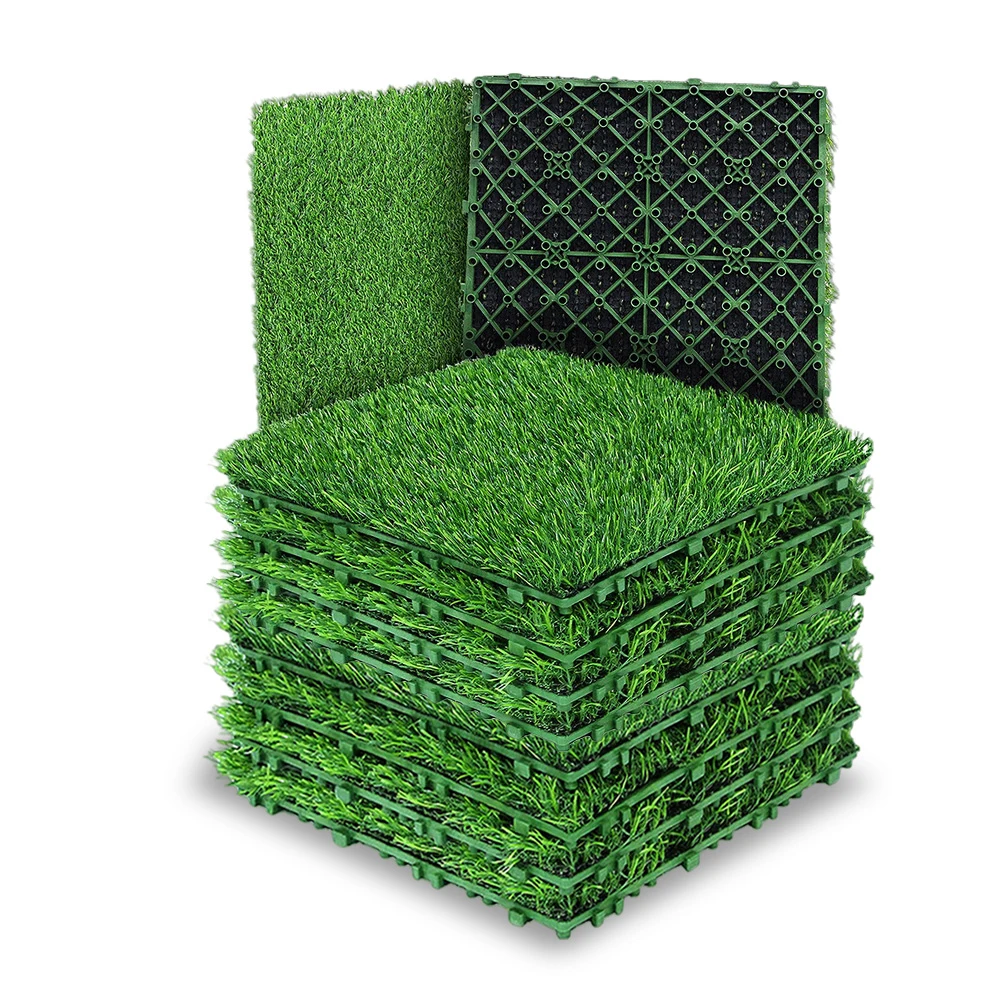 10 Pcs 12 Inchx12 Inch Grass Flooring Tiles Green Interlocking Grass Deck Tiles Turf Mat Grass Rug for Garden Lawn Patio Balcony