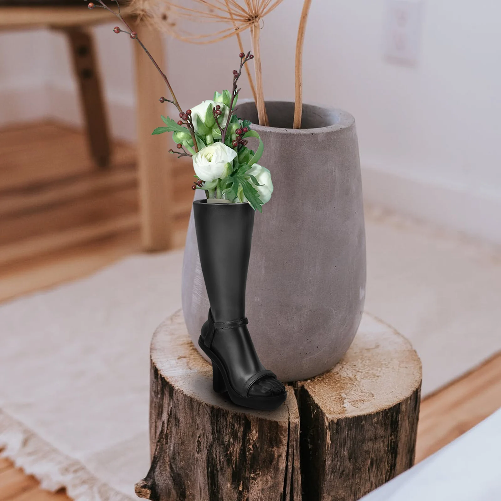 

High Heel Resin Vase Black Planter Creative Flower Container Ornaments Home Decor Long Branches Dried Flowers Stylish Modern