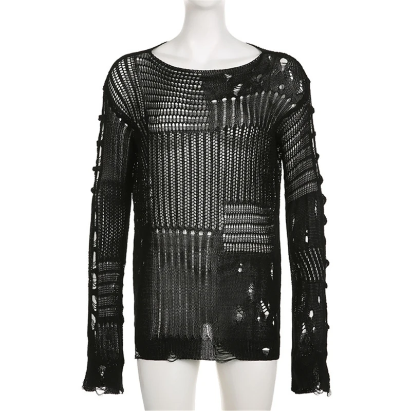 N5KB Damen-Pullover mit lockerer Passform und langen Ärmeln und einzigartigem, asymmetrischem, ausgehöhltem Strick, Gothic, zerrissenem Oberteil für Freizeit- und Party-Styling