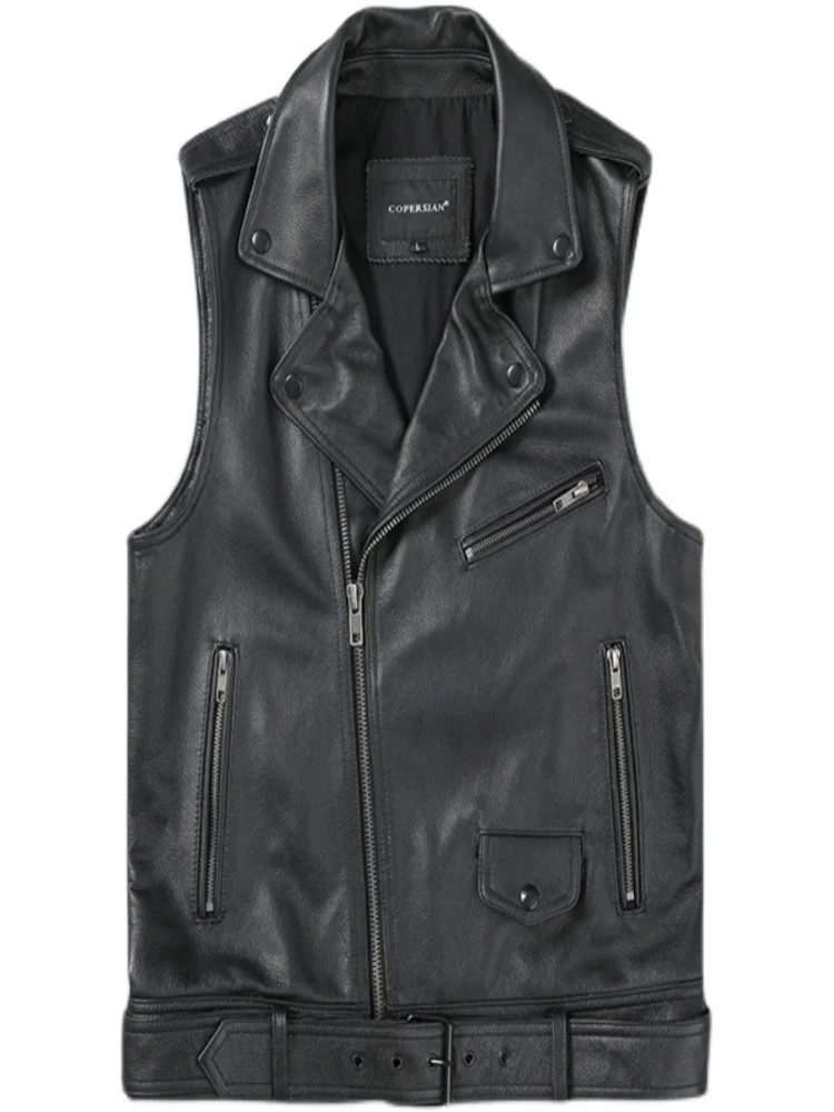 

Black Cow Leather Biker Vest With Belt Moto Men Genuine Motorcycle Waistcoat Jacket Sleeveless