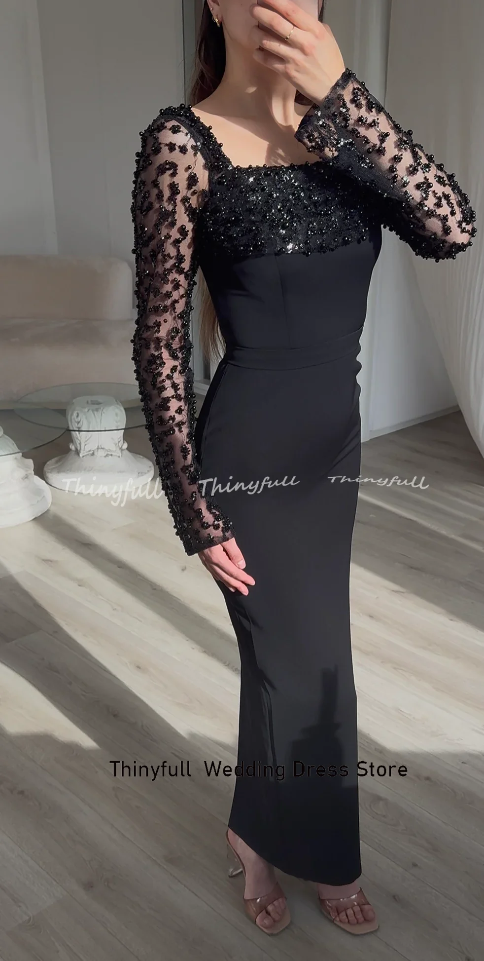 Thinyfull zeemeermin satijn Arabische galajurk volledige mouwen vierkante kraag kralen avondjurken lange jurk Robe De Soiree aangepast