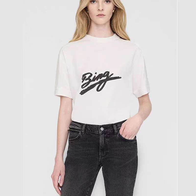 

Spring and summer North American niche AB front printed classic letter print patchwork round neck women's short sleeved T-shirt