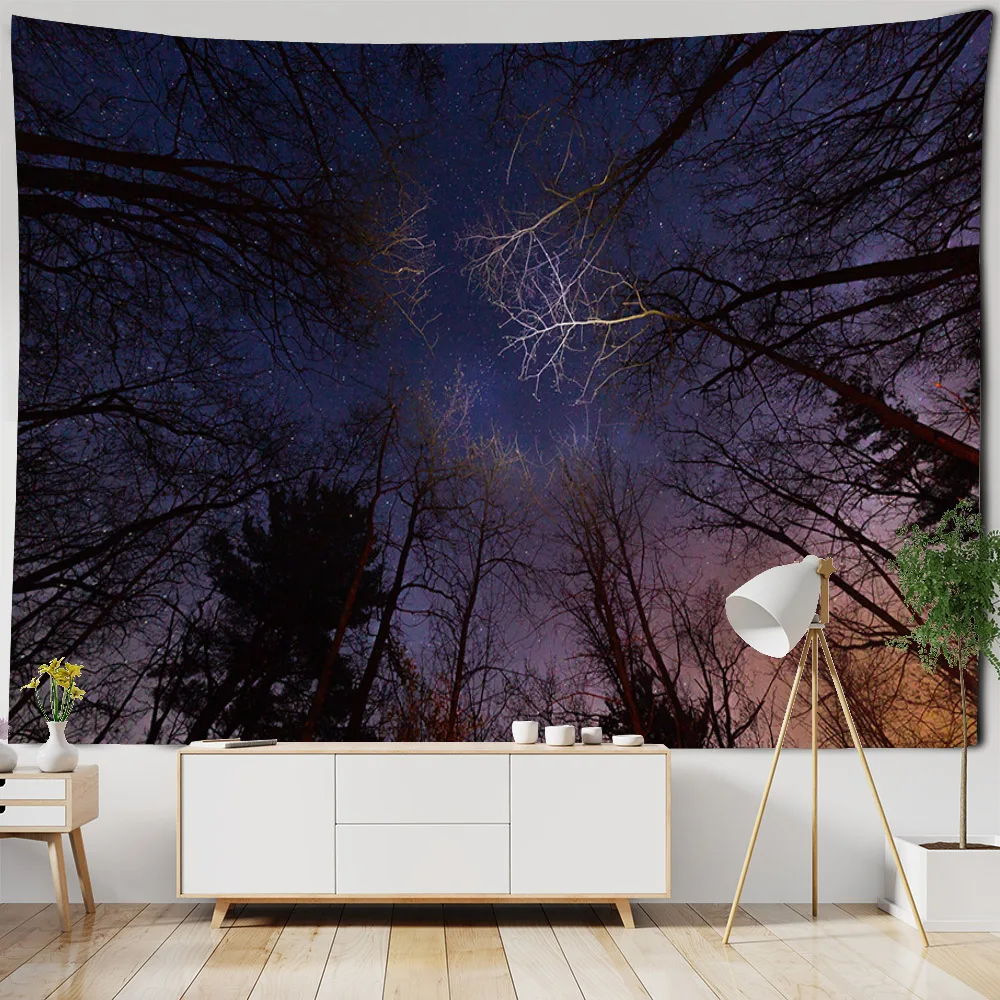 Starry sky tapestry wall hanging night forest landscape print background fabric living room bedroom wall art decoration tapestry