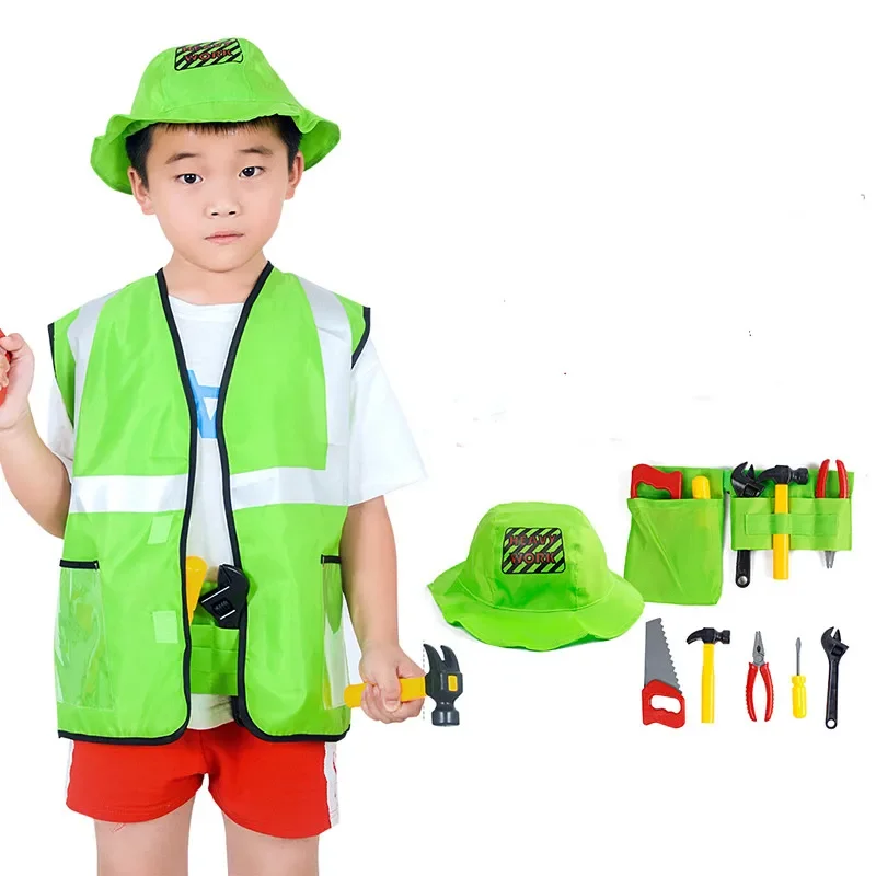 Costume de pompier cosplay pour enfants, costume de travailleur de la construction, ensemble de jouets Kiev illage, outils, casque et chapeau, cadeau