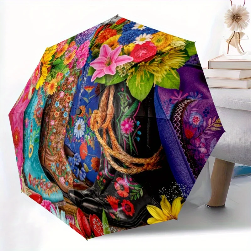 

1 шт. сапоги-ковбойки, зонт с цветочным принтом — прочный железный каркас, портативный складной зонт с 8 полонами и ярким цветочным дизайном, All-S