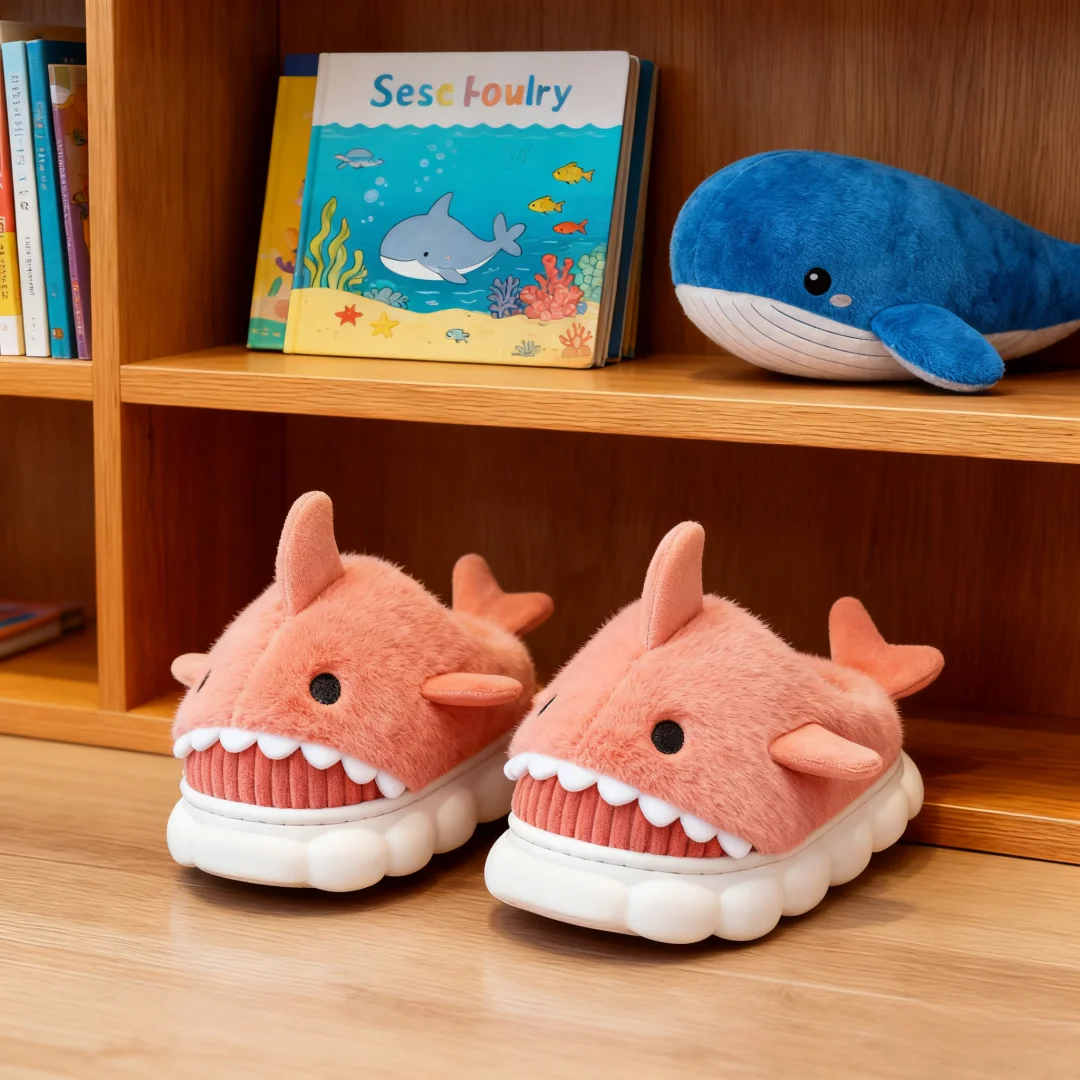 Sandal Anak-anak Sepatu Rumah Sepatu Musim Dingin Hiu untuk Anak-anak Bulu Katun Hangat Anti-selip Sol Lembut Sepatu Biru Oranye Ukuran 24-36