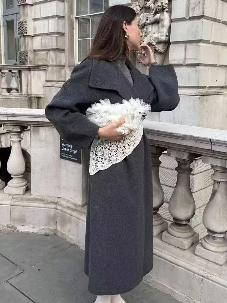 

HH женское зимнее новое модное однотонное длинное шерстяное пальто с воротником-стойкой и поясом, женские уличные повседневные однобортные двухцветные куртки