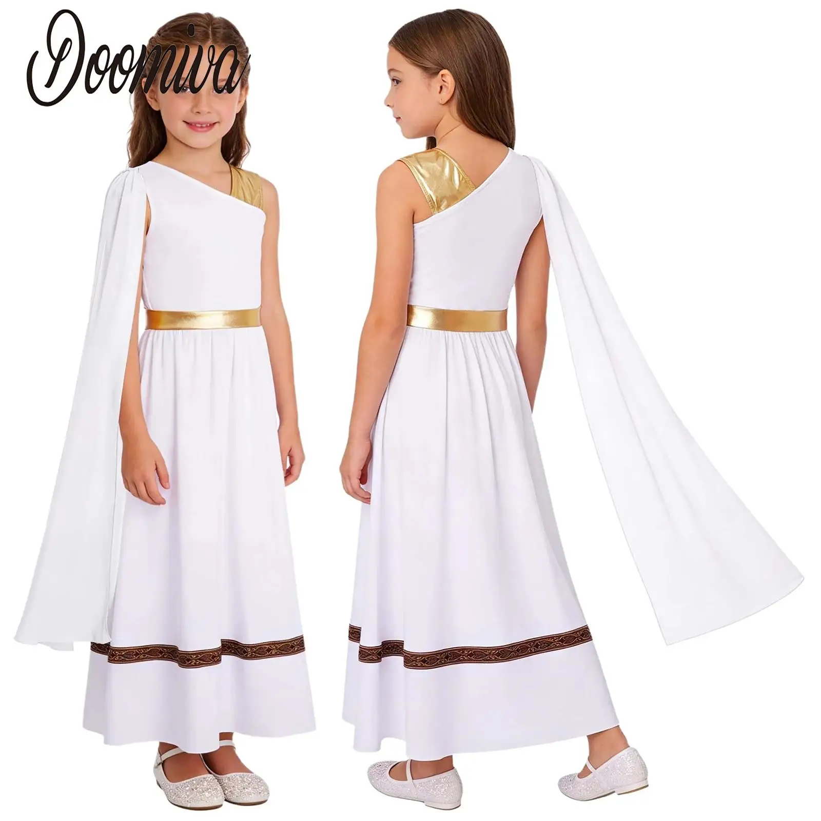

Girls Ancient Greek Toga Goddesses Costume Sleeveless Gold Trims Toga Greece Roman Queen Cosplay Dress Halloween Carnival Gown