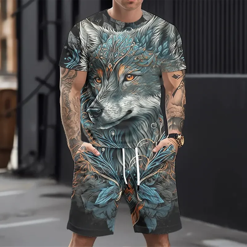 2025 Latest Men's Daily Leisure Sports Set Fashion Printed 3D Wolf Pattern T-shirt Shorts Set Summer Leisure Breathable