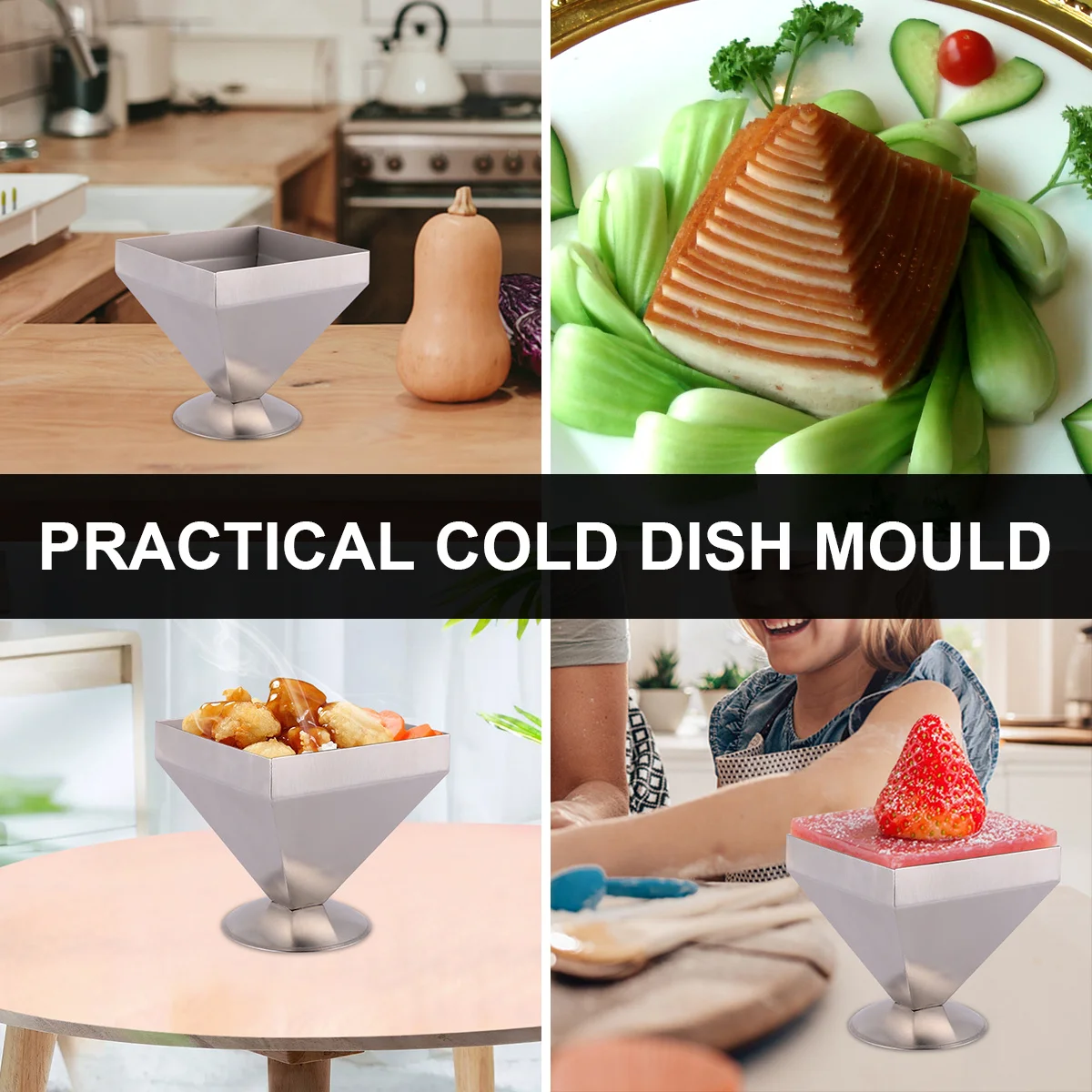 

Four Pyramidal Stainless Steel Mold Eco-Friendly Kitchen Cold Dish Mould Practical Rice Meat Cake Press