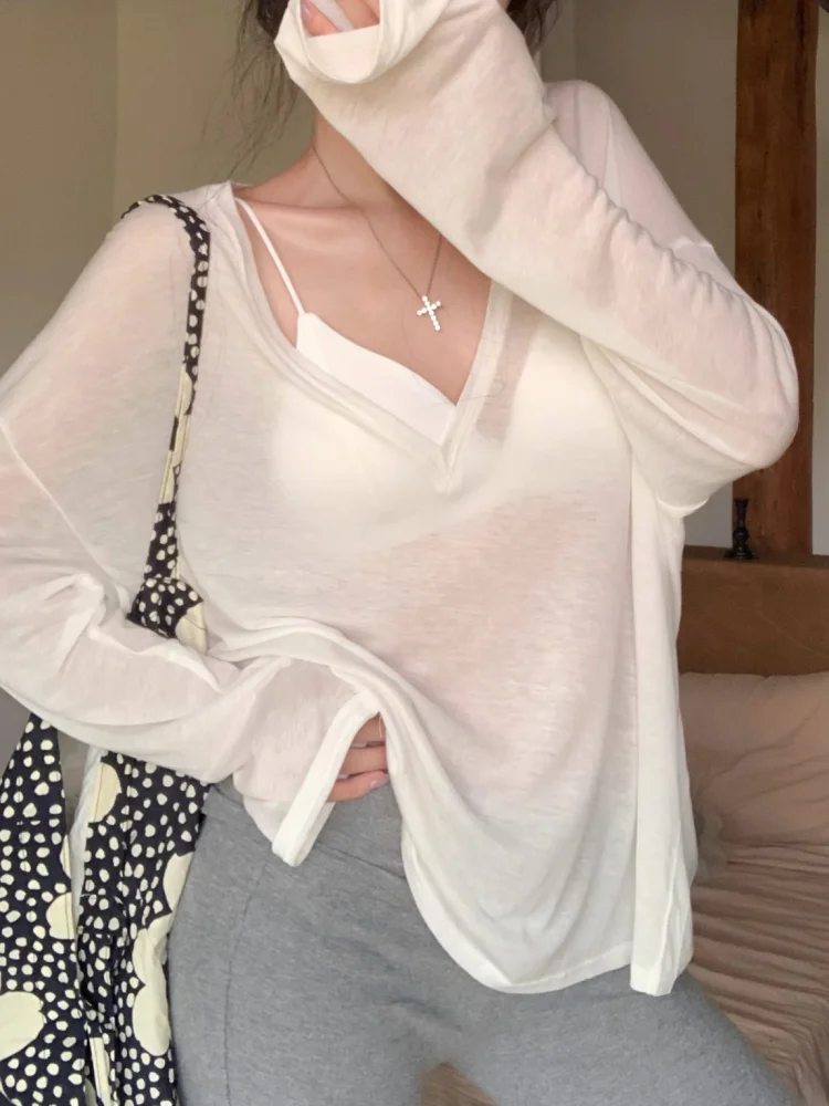 Mulheres oversized t camisa primavera verão com decote em v moda casual solto fino manga longa topo pullovers chique branco ver através camiseta